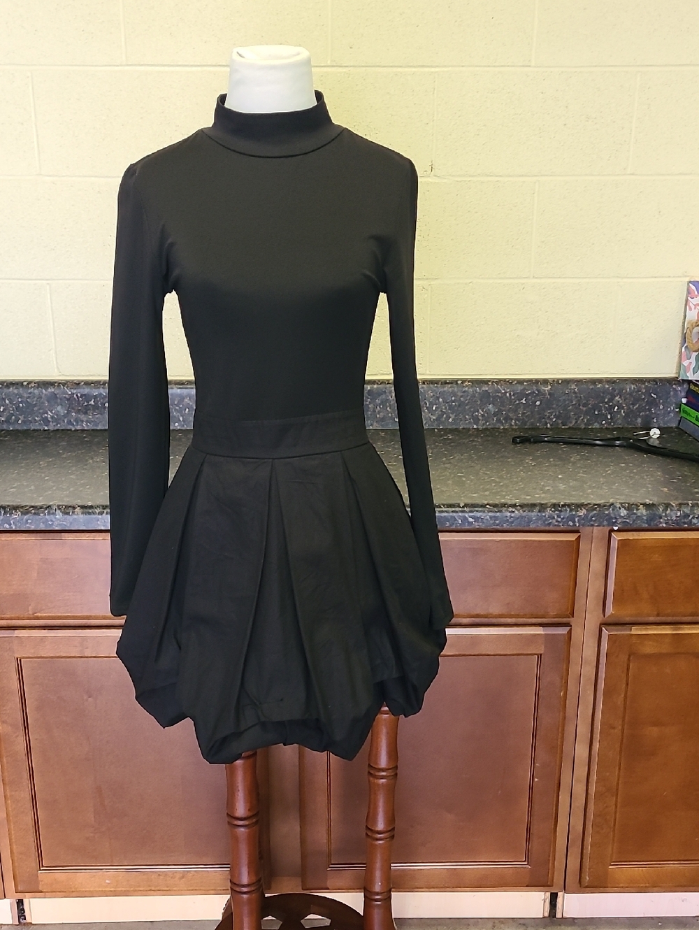 Black Long-Sleeve Mock-Neck Fit & Flare Dress